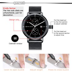 Description Mirror: high hardness and wear-resistant glass mirrorMovement: Quartz MovementClasp type: solid steel buckleWaterproof: 35m life waterproofDial diameter: 42mmDial thickness: 12.3mmStrap width: 20mmStrap length: 243mmWeight: 53g Free Return & Exchange FREE RETURNS on all US orders! The following conditions must be met: 1. Items must be returned within 45 days after the purchase date. 2. Items must be unworn. undamaged and in original packaging. Black Chronograph Watch With Date Display For Business, Business Chronograph Watch With Date Display In Black, Modern Black Chronograph Watch With Date Display, Wear-resistant Stainless Steel Watch, Wear-resistant Stainless Steel Watch With Round Dial, Business Watch Accessories In Stainless Steel, Modern Wear-resistant Stainless Steel Watch Accessories, Black Stainless Steel Watches With Date Display, Black Stainless Steel Watch With Date Display