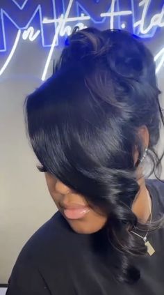 Updo Ponytail With Bangs For Black Women, Side Swoop Updo Black Women, Side Bangs With Bun Black Women, Pin Curl Bun With Bangs Black Women, Pinup Ponytail Hairstyles Black Hair, Low Ponytail With Two Bangs Black Women, Bun With Bangs Black Women Weave, Updo Ponytail Hairstyles Black Hair, Ponytail Hairstyles Weave