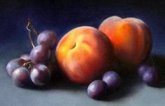 an oil painting of plums and peaches