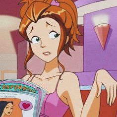 a cartoon character holding a magazine in her hand