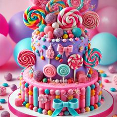 a colorful cake with lots of candies and lollipops