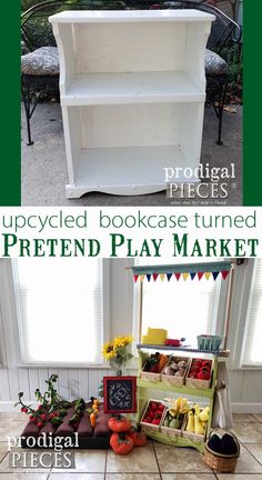 an upcycled bookcase turned pretend play market