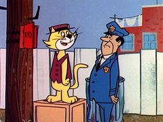 an animated image of a cat talking to a man wearing a hat and uniform on the phone