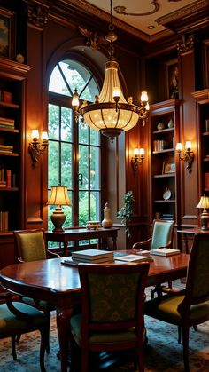 a dining room table with chairs and a chandelier