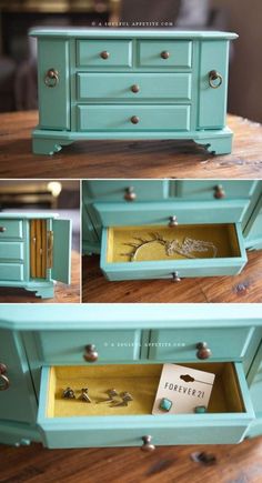 an old dresser has been transformed into a jewelry box with some paint and gold hardware