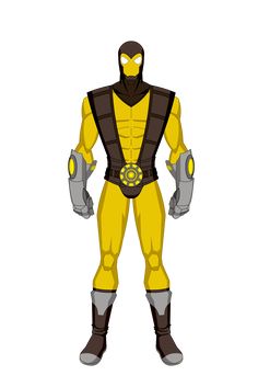 a man in yellow and black costume standing with his hands on his hips