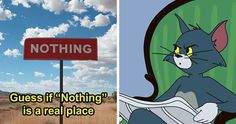 a cartoon cat sitting in a chair next to a sign that says nothing guess if nothing is a real place