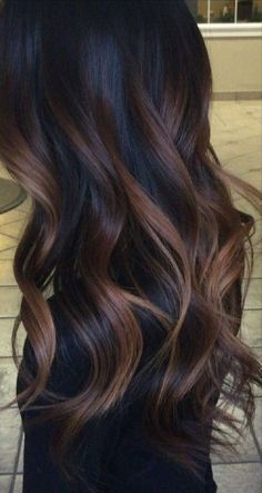 Dark Hair Colours With Highlights, Dark Brunette Hair Balayage, Dark Fall Haircolor, Black With Brunette Highlights, Fall Bayalage For Dark Hair, Coffee Hair Color Balayage, Dark Rich Brown Hair With Highlights, Long Balayage Hair Brunette Dark Brown, Dark Hair With Caramel Lowlights