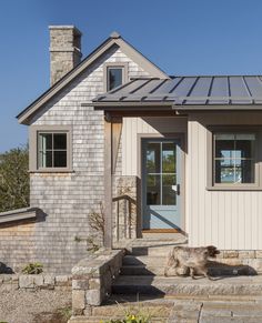 a dog is sitting on the steps in front of a house with a metal roof