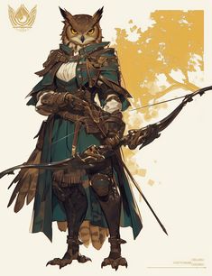 an owl dressed in armor holding a bow and arrow