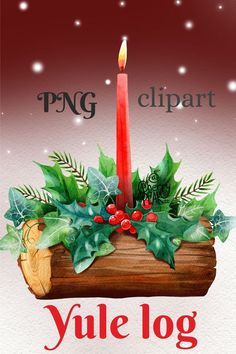 a christmas candle with holly leaves and berries in a wooden log on a red background