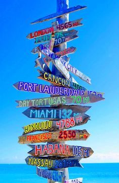 a bunch of signs that are on the side of a pole in front of some water