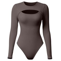 a women's bodysuit with long sleeves and cutouts on the front, in grey