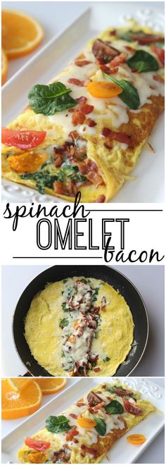 an omelet with spinach and tomatoes on top is shown in three different pictures