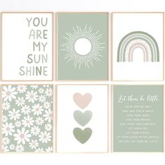 a set of six wall art prints with pastel green and white colors, including hearts, sun, rainbows, clouds, flowers, and more