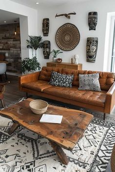 a living room filled with lots of furniture next to a wall covered in african masks