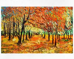 an oil painting of trees in the fall