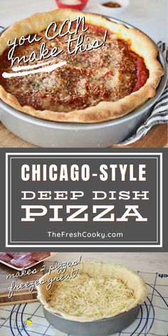 the chicago style deep dish pizza is ready to be eaten and put in the oven