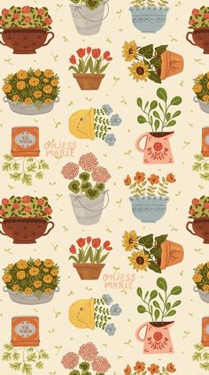 an image of flowers and watering cans on a wallpaper pattern that is very cute