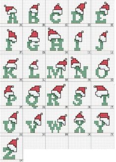 cross stitch alphabets with santa hats and letters in red, white and green colors