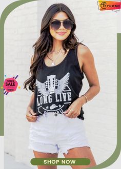 Black Long Live Graphic Print Racerback Tank Top Edgy Racerback Top For Summer, Edgy Tank Top For Summer Music Festival, Edgy Tank Top For Music Festival In Summer, Graphic Print Tank Top For Concerts In Spring, Graphic Print Tank Top For Spring Concerts, Casual Graphic Print Tank Top For Concert, Cotton Tank Top For Concert In Summer, Cotton Tank Top For Summer Concert, Casual Tank Top For Spring Music Festival