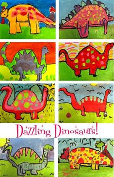 four different colored drawings of dinosaurs with the words dazzling dinosaurs