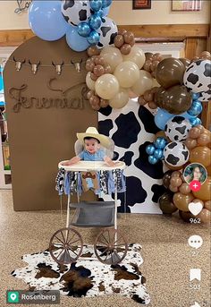 a baby is sitting in a stroller with balloons on the wall and cow print