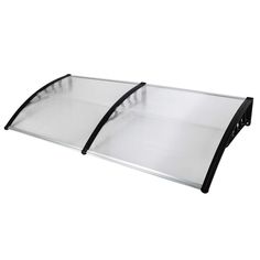 an aluminum and glass shelf with black trim