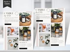 two flyers for candle and co on a table