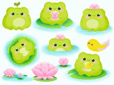 a collection of cute little green animals in water lilies and lily pads with pink flowers