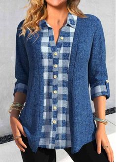 Fake 2in1 Plaid Denim Blue Shirt Collar Blouse. Plus SIze jeans shirt. Tummy Coverage denim blue shirt.Clothing Length :Tunic. Sleeve's Length :3/4 Sleeve. Neckline :Shirt Collar. Sleeve Style :Regular Sleeve. Style :Casual,Work. Occasion :Everyday. Winter Jeans Trends. #JeansShirt #WearForWork #2024 #Sale #Rotita Shirt Collar Blouse, Denim Shorts Outfit, Denim On Denim, Outfit Jeans, Lovely Tops, Collar Blouse, Plus Size Blouses, Trendy Tops, Plus Size Casual