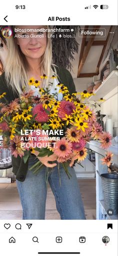 a woman holding flowers in her hands and the words let's make bouquets