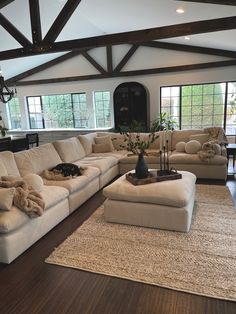 a living room filled with lots of furniture and a dog laying on top of the couch