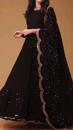 Black Dress Classy Indian, Long Forks Dress Indian, Long Forks Dress Design, Black Frock Dress Indian, Black Frock, Black Dresses Classy, Beautiful Dress Designs