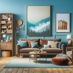 a living room with blue walls and wooden flooring is furnished with furniture, bookshelves, and paintings on the wall