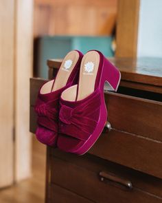 Crafted with a laid-back luxe velvet upper, a delicate knot, and ultra-padded for all-day walkability Yellow Box Shoes, Fuchsia Color, Heeled Mules, Knot