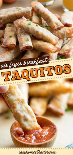 there are several different types of food on the table with text overlay that says, taquitos