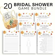 the 20 bridal shower game bundle is shown with an orange and white bag on it