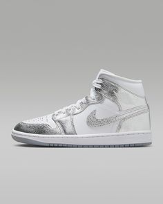 Condition: Brand new with lidless box Size: US Women's 11 Gray And White Jordans, Jordan Shoes For Women, Jordan Shop, Michael Jordan Shoes, Air Jordan 1 Mid Se, White Jordans, Nike Air Jordan 1 Mid, Silver Sneakers, Black And White Shoes