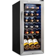 a wine cooler with several bottles in it