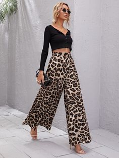 High Waist Leopard Wide Leg Pants | EMERY ROSE Wide Leg Pants Outfit, Leopard Print Outfits, Animal Print Pants, Leopard Print Pants, Animal Print Outfits, Leopard Pants, Printed Wide Leg Pants, Print Pants, Women Pants Casual