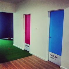 an empty room with blue and pink doors, green carpet and white walls in the background