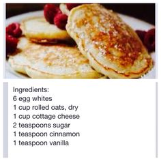 pancakes and raspberries on a white plate with text describing ingredients for the pancakes