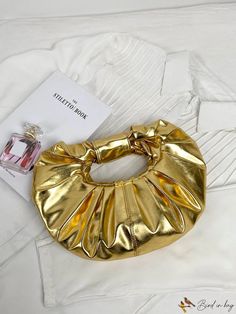 BirdinBag - Gold Top Handle Bag with Stylish Ruched Design - Medium Size Gold Pouch Bag For Errands, Gold Pouch Shoulder Bag For Errands, Patchwork Clutch, Birthday Dress Women, Women Gathering, Luxury Clutch, Faux Leather Handbag, Party Clutch, Gold Bag