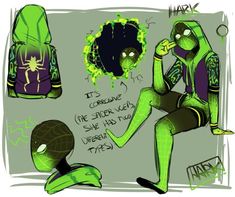 an image of some cartoon characters in green and black outfits with spider - man on them