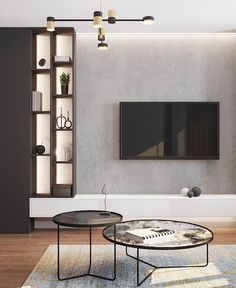 a living room with two tables and a television mounted on the wall in it's corner