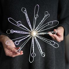 a person holding an object made out of wire and plastic forks with pearls in the middle