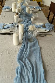 Wedding Table Runner Blue, Blue Linen Table Runner, Blue And White Table Runners Wedding, Cheese Cloth Table Runner Wedding Navy, Coastal Chic Wedding Tables Round, Baby Blue Linen Party Table Images, Denim Blue Table, Wedding Table Bore, Dusty Blue Round Table Runner