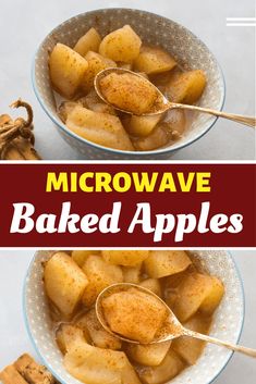 two bowls filled with baked apples on top of a white table next to cinnamon sticks