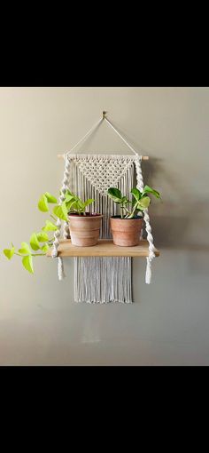 a macrame hanging from a wall with two potted plants on the shelf